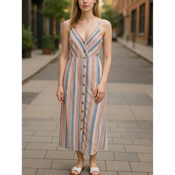 Sandy & Sid Womens Dress Medium Cotton Linen Blend Midi Beachy Coastal Romantic - Picture 1 of 16